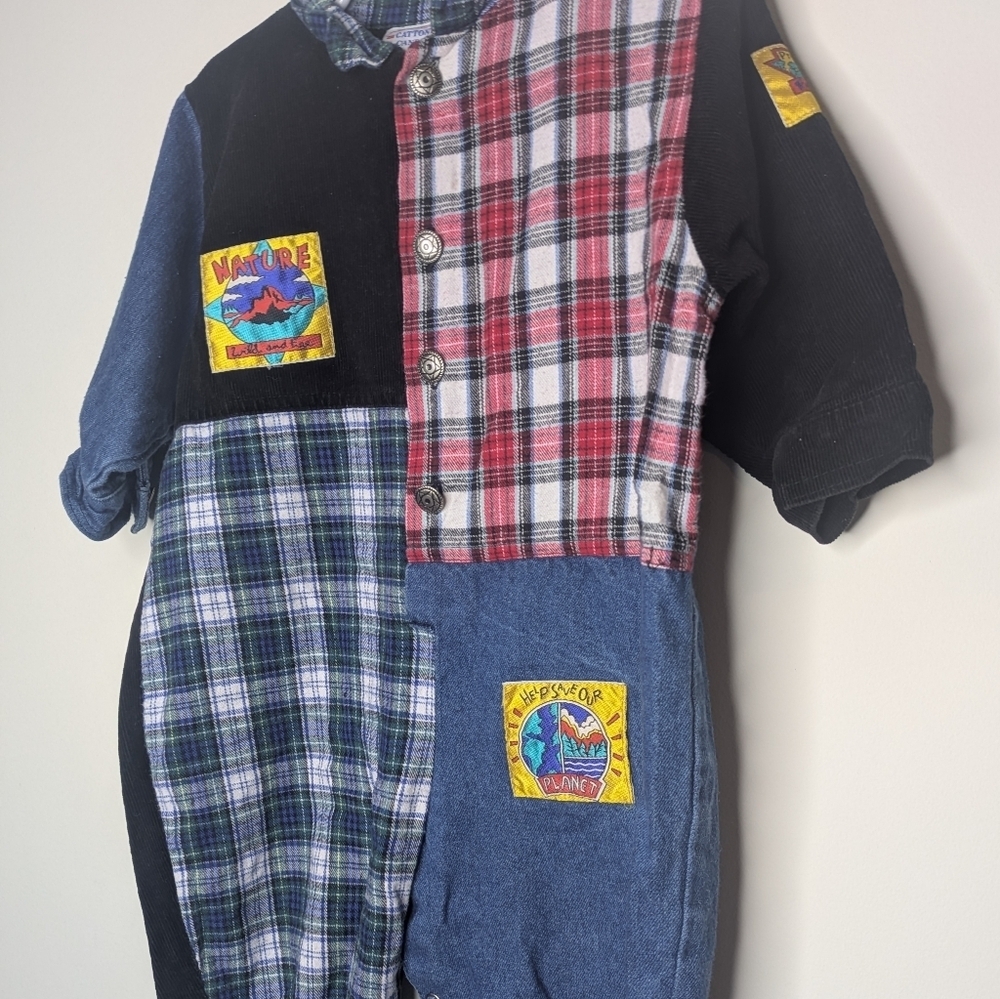 Vintage Catton Candy Denim Plaid Nature Planet Romper 18m - Picture 3 of 6